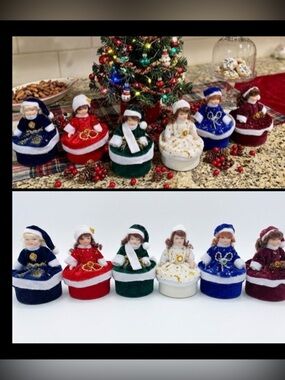6 Vintage Resin Doll Velvet Christmas Festive Collectible Trinket Gift Boxes 4”H